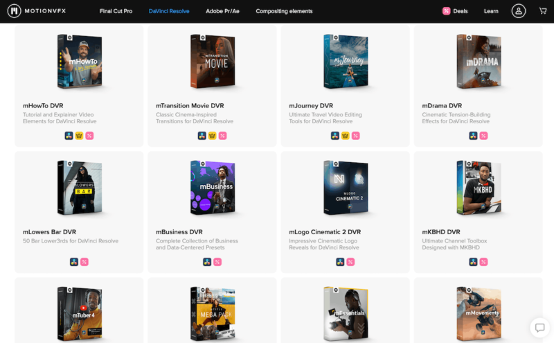 MotionVFXの販売ページでのパッケージ一覧